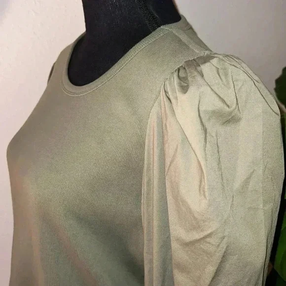 Veronica Beard Fawn Puff-Sleeve Top in Moss Green Crewneck NWOT Size Large